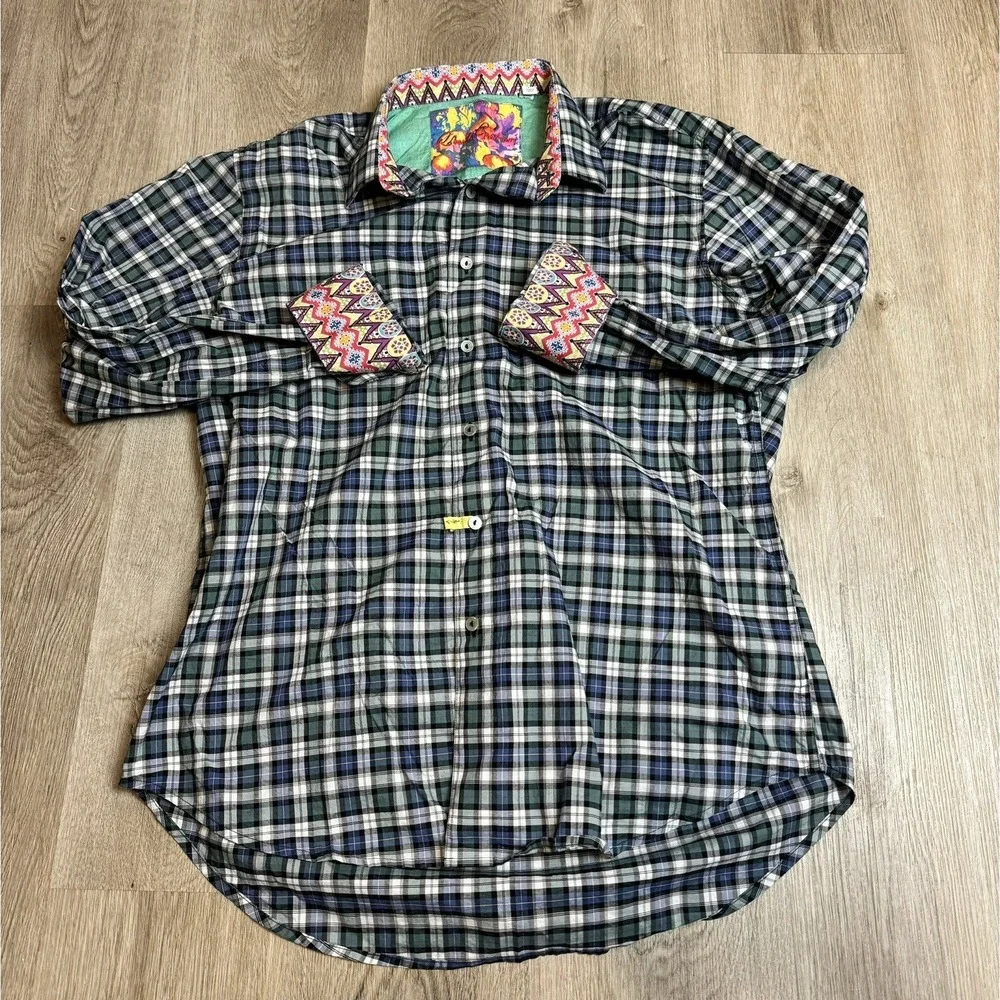 Robert Graham Men's Plaid Button Down Shirt Colorful‎ Accents Large Flip Cuff